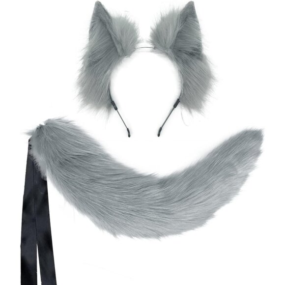 🆕 Halloween Grey Cat Fox Wolf Ears Animal Tail Cosplay Furry Costume Accessory - Picture 2 of 9